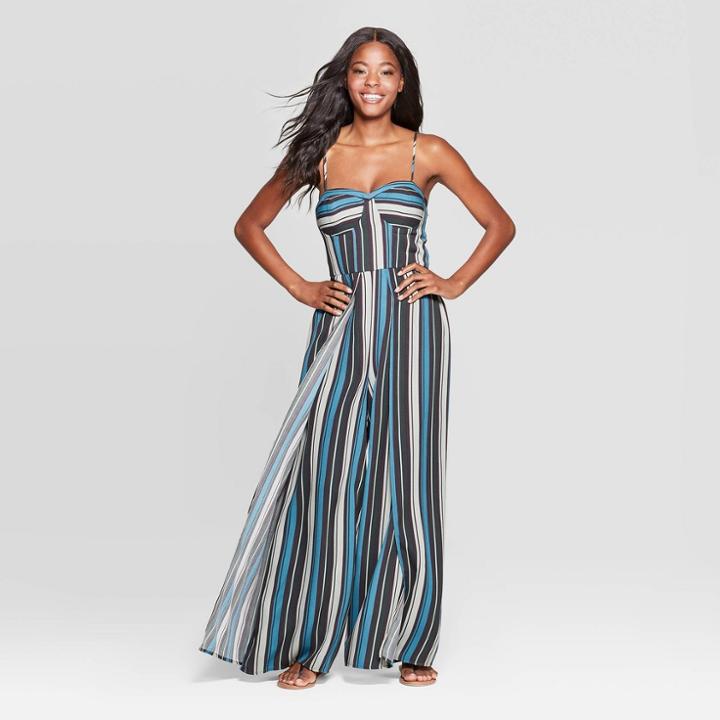 Women's Striped Sweetheart Neck Sleeveless Bra Cup Jumpsuit - Xhilaration Navy/teal Xs, Women's, Blue