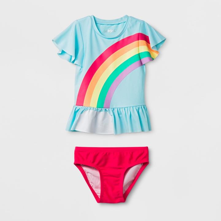 Petitetoddler Girls' 2pc Short Sleeve Rainbow Rash Guard Set - Cat & Jack Blue