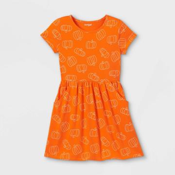 Girls' 'halloween Jack-o-lantern' Printed Knit Short Sleeve Dress - Cat & Jack Orange