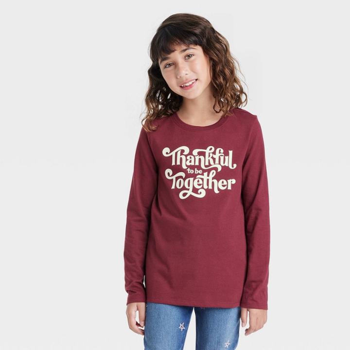 Girls' 'thankful' Long Sleeve Graphic T-shirt - Cat & Jack Burgundy