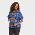The Nines By Hatch Dolman Elbow Sleeve Button-down Maternity Shirt Blue Plaid