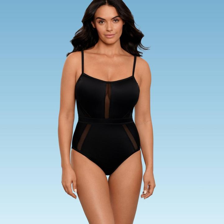 Women's Slimming Control Mesh Inset One Piece Swimsuit - Beach Betty By Miracle Brands Black