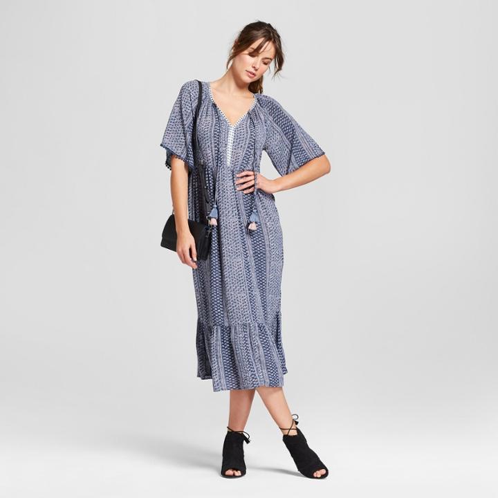 Women's Short Sleeve Pom Trim Printed Midi Dress - Knox Rose Slate Blue S,