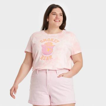 Women's Smokey Bear Plus Size Clay Wash Short Sleeve Graphic T-shirt - Pink