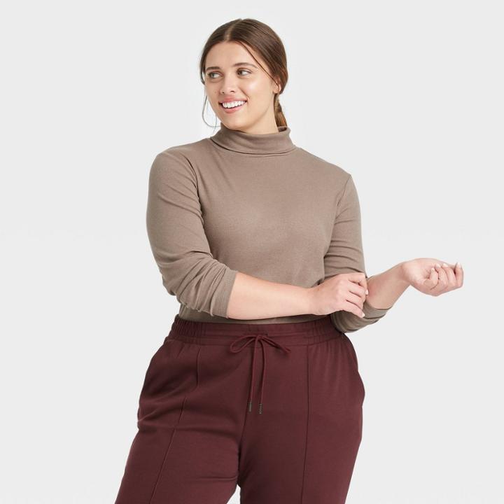 Women's Plus Size Slim Fit Long Sleeve Turtleneck Ribbed T-shirt - A New Day Brown