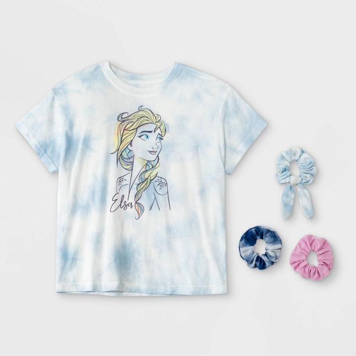 Girls' Disney Frozen Elsa Short Sleeve Graphic T-shirt With Scrunchies - Blue
