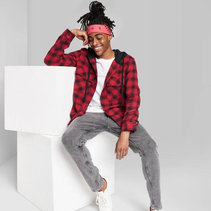 Adult Woven Checked Hooded Button-down Shirt - Original Use Red