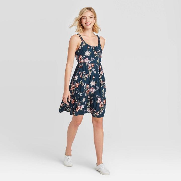 Women's Floral Print Sleeveless Tiered Dress - Xhilaration Navy Xs, Women's, Blue