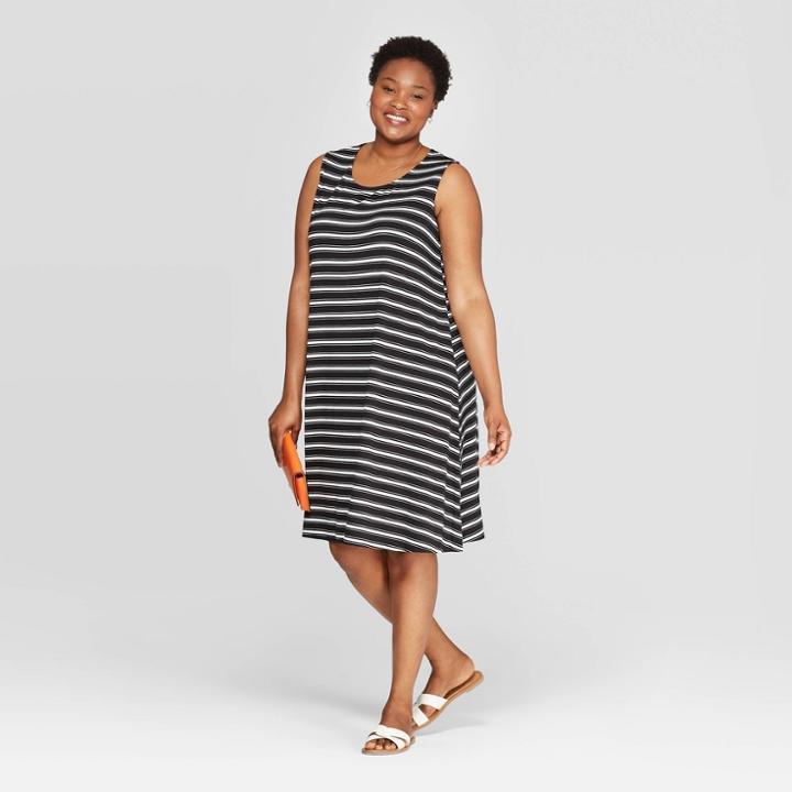 Women's Plus Size Striped Sleeveless Crewneck Knit A-line Dress - Ava & Viv Black/white