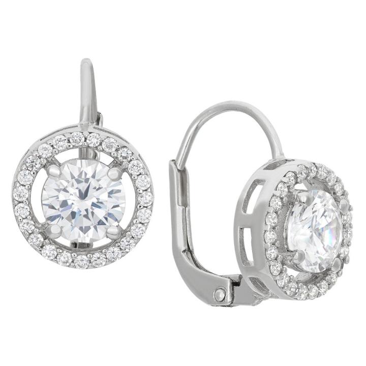 Halo Sterling Silver Round-cut Cz Leverback Earrings, Girl's, White