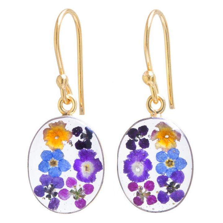 Distributed By Target Women's Gold Over Sterling Silver Pressed Flowers Small Oval Drop Earrings,