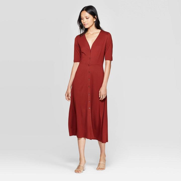 Women's Short Sleeve V-neck Button Front A Line Midi Dress - Who What Wear Red