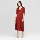 Women's Short Sleeve V-neck Button Front A Line Midi Dress - Who What Wear Red