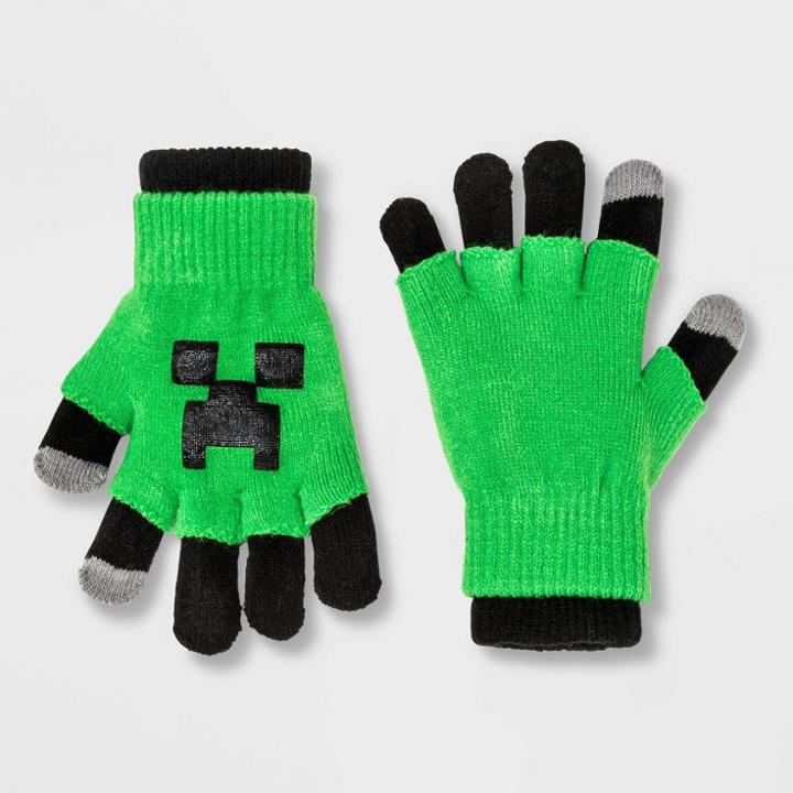 Boys' Minecraft Creeper 3 In 1 Gloves - Green/black One Size, Boy's, Black Green