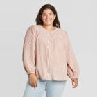 Women's Plus Size Striped Puff Long Sleeve Button-front Blouse - Universal Thread Tan