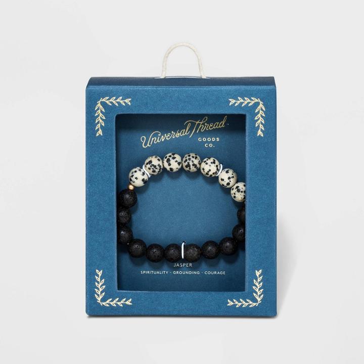 Semi-precious Stone Dalmation Jasper And Lava Beaded In Worn Gold Aromatherapy Stretch Bracelet - Universal Thread Black, Women's,