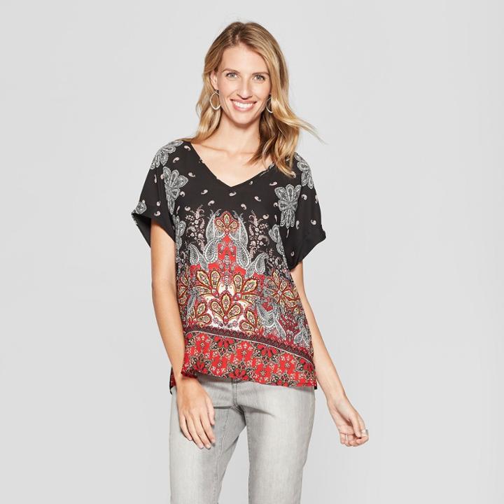 Women's Printed Woven Short Sleeve T-shirt With Knit Back - Lux Ii - Black