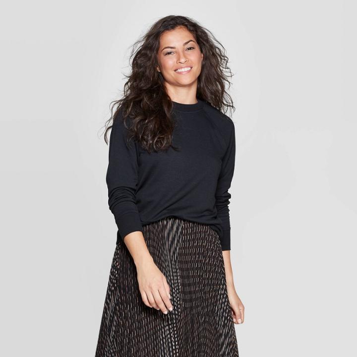 Women's Long Sleeve Crewneck Raglan Pullover - A New Day Black