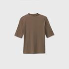 Women's Elbow Sleeve High Neck Rib T-shirt - A New Day Brown