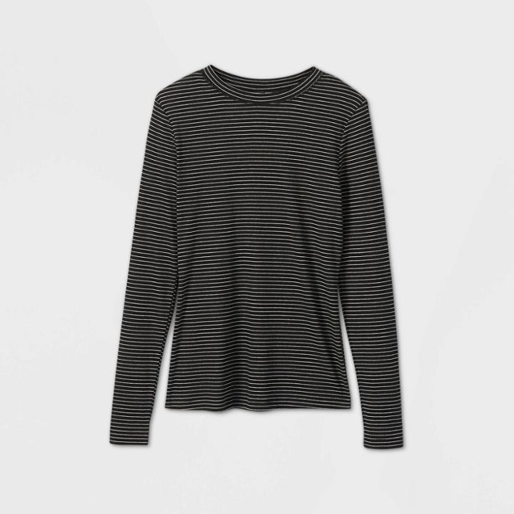 Women's Striped Long Sleeve Slim Fit Rib T-shirt - Universal Thread Black/white