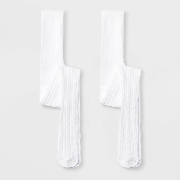 Girls' 2pk Uniform Cotton Cable Texture Tights - Cat & Jack White S, Girl's,