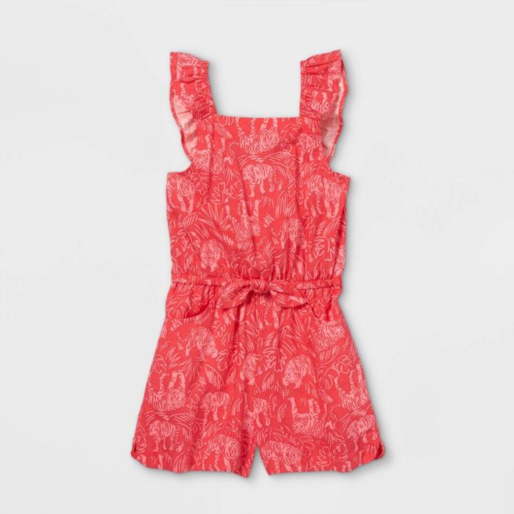 Toddler Girls' Tiger Ruffle Sleeve Romper - Cat & Jack Coral