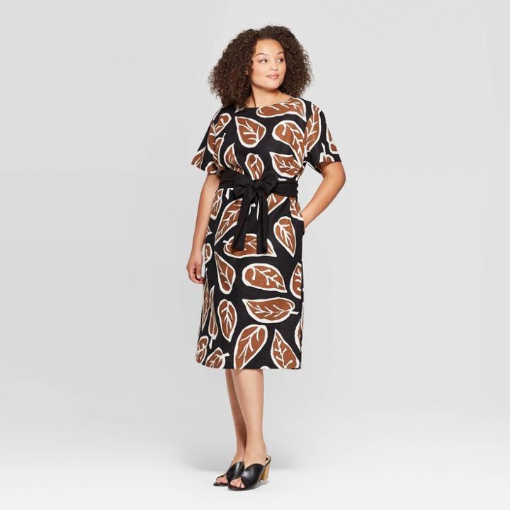 Women's Plus Size Short Sleeve Scoop Neck A Line Dress With Contrast Belt - Who What Wear Black