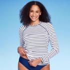 Women's Upf 50 Striped Crewneck Swim Shirt Rash Guard - Kona Sol Navy Blue
