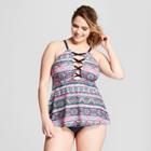 Surfside Women's Plus Size Lace-up Tankini - Navy Multi 2x,