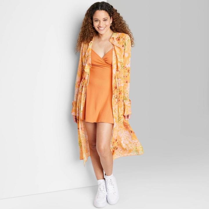Women's Ruffle Duster Jacket - Wild Fable Orange Floral Xxs