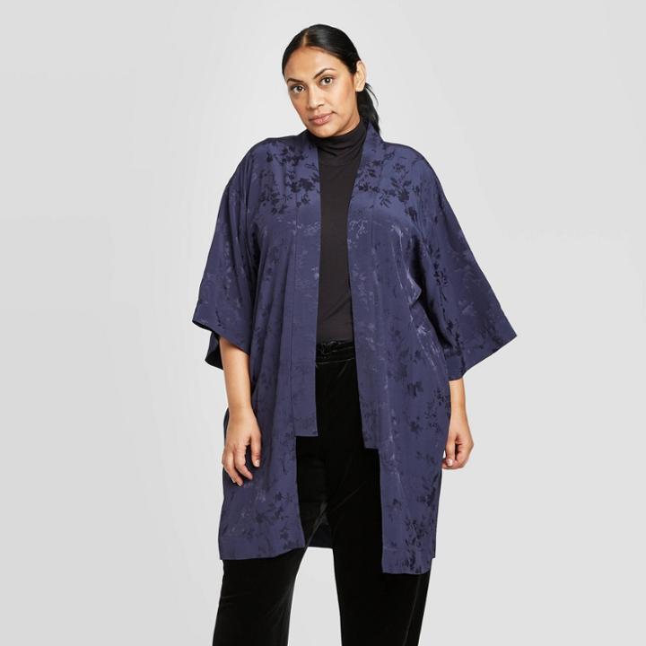 Women's Plus Size Floral Print Kimono - A New Day Navy One Size, Women's, Blue