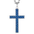 Men's Crucible Carbon Fiber And Polished Stainless Steel Cross Necklace On Curb Chain - Blue (24), Blue/silver