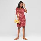 Women's Short Sleeve Floral Button-down Dress With Sleeve Ties - Xhilaration Burgundy (red)