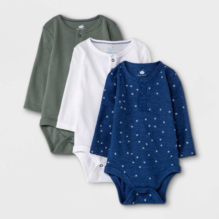 Baby Boys' 3pk Basic Henley Long Sleeve Bodysuit - Cloud Island Dark Green