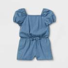 Toddler Girls' Chambray Puff Sleeve Romper - Cat & Jack Blue