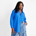 Women's Plus Size Nylon Long Sleeve Button-down Shirt - Future Collective With Kahlana Barfield Brown Blue