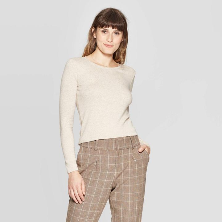 Women's Regular Fit Long Sleeve Crewneck T-shirt - A New Day Oatmeal Heather Xxl, Oatmeal Grey