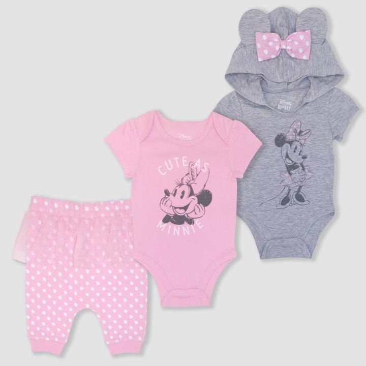 Disney Baby Girls' 3pk Minnie Bodysuits And Pants Set - Pink