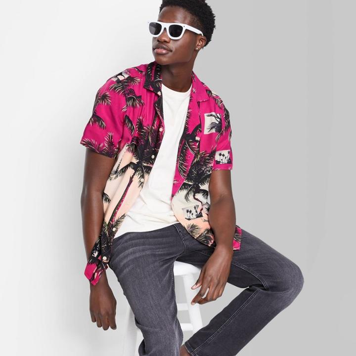 Adult Printed Regular Fit Short Sleeve Button-down Shirt - Original Use Pink/tree