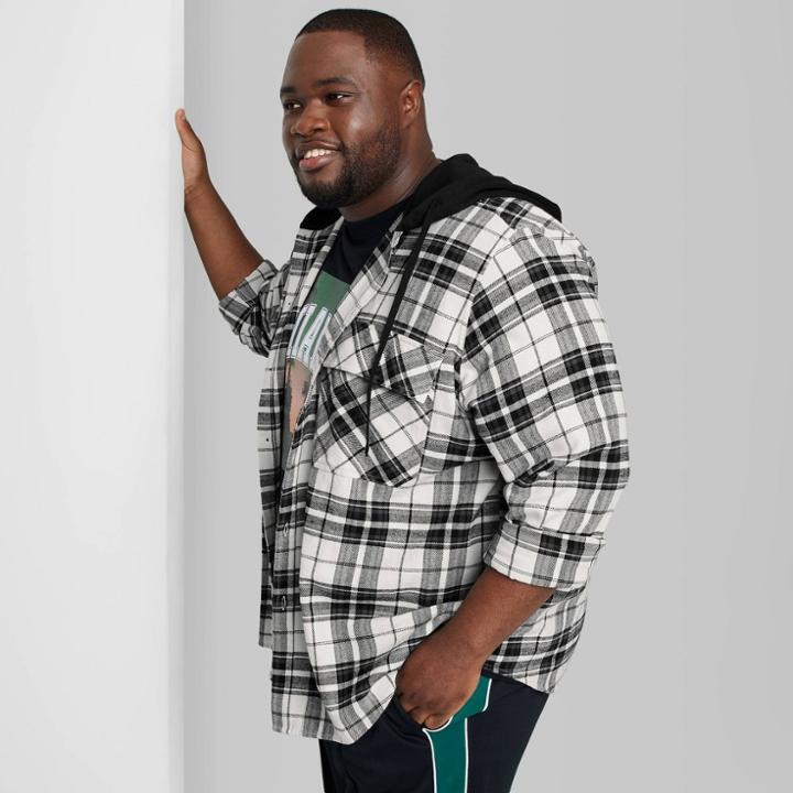Adult Extended Size Woven Checked Hooded Button-down Shirt - Original Use Ivory