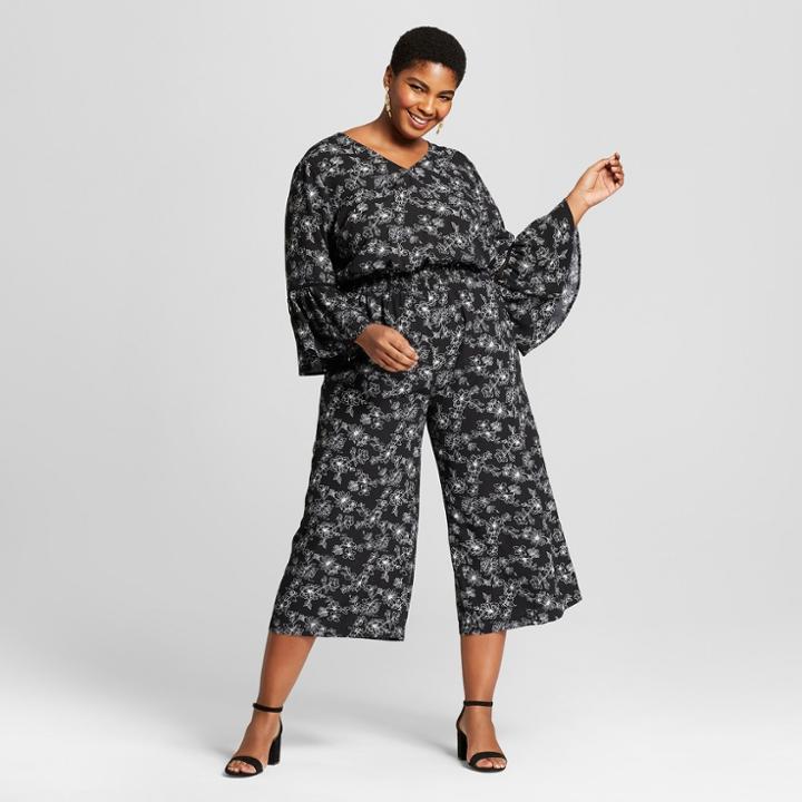 Women's Plus Size Floral Print Bell Sleeve Jumpsuit - Ava & Viv Black/white X