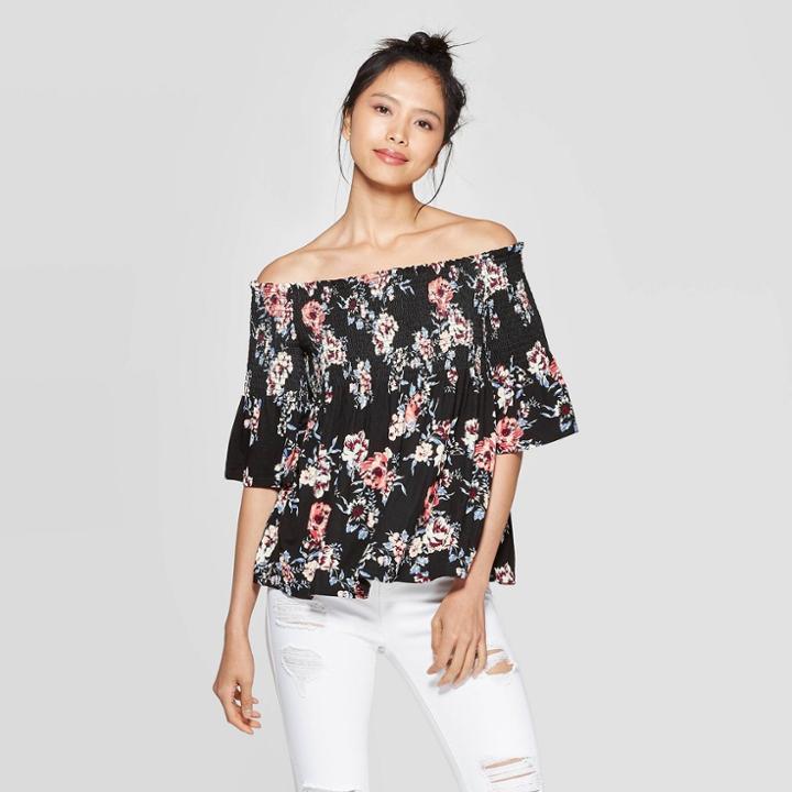 Women's Floral Print 3/4 Sleeve Off The Shoulder Knit Top - Xhilaration Black