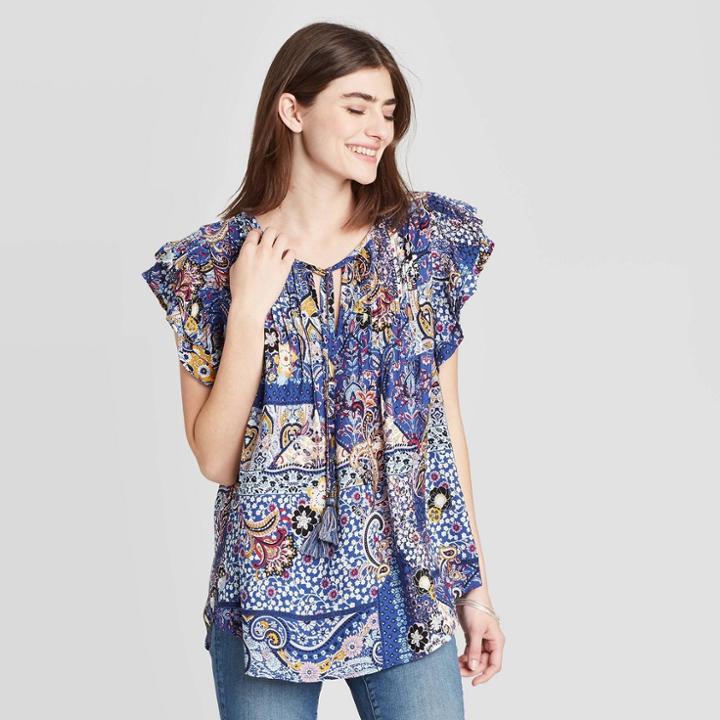 Women's Floral Print Flutter Short Sleeve Blouse - Knox Rose Blue