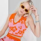 Women's Cropped Jacquard Polo Sweater Tank Top - Wild Fable Pink Tropical Floral