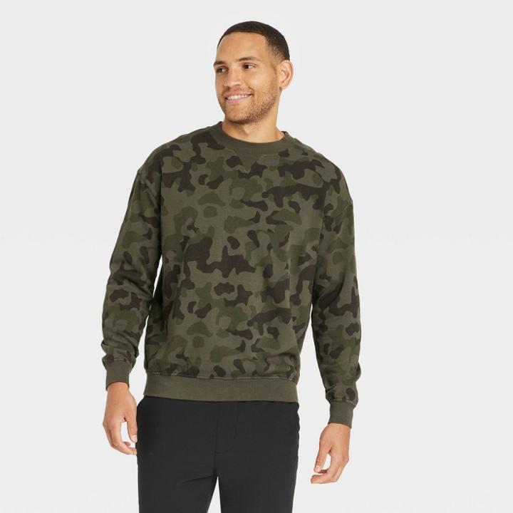Men's Relaxed Fit Camo Print Crew Neck Pocket Sweatshirt - Goodfellow & Co Dark Green