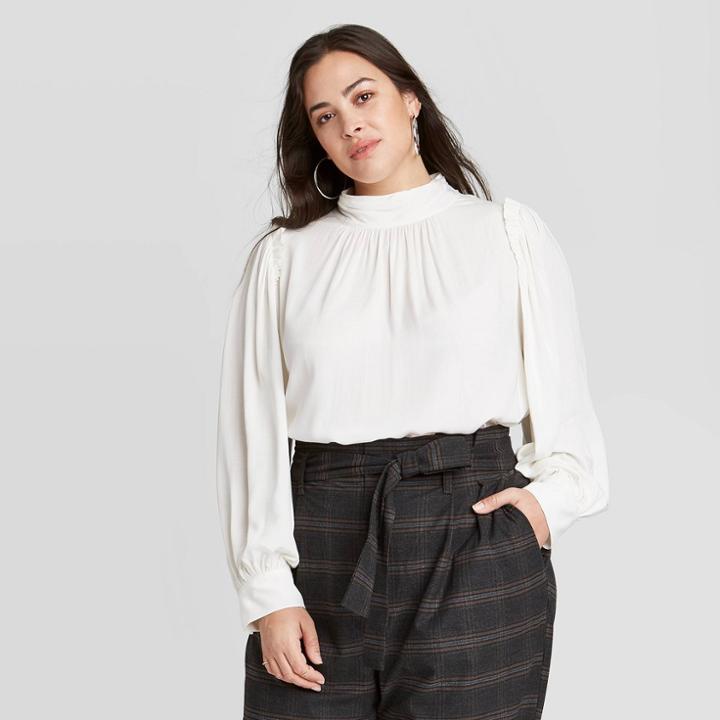 Women's Plus Size Ruffle Long Sleeve Blouse - A New Day Cream