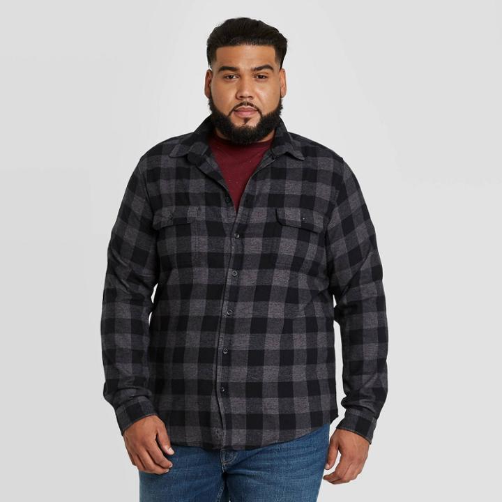Mens Tall Standard Fit Long Sleeve 2-pocket Flannel Button-down Shirt - Goodfellow & Co Black
