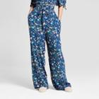 Women's Floral Print Tie Wide Leg Front Pants - Xhilaration Navy/peach (blue/pink)