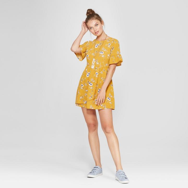 Women's Floral Print Ruffle Sleeve Wrap Dress - Lots Of Love By Speechless (juniors') Mustard