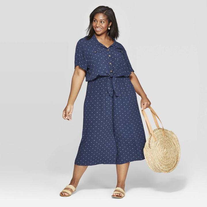 Women's Plus Size Printed Short Sleeve V-neck Tie Front Jumpsuit - Universal Thread Navy X, Blue